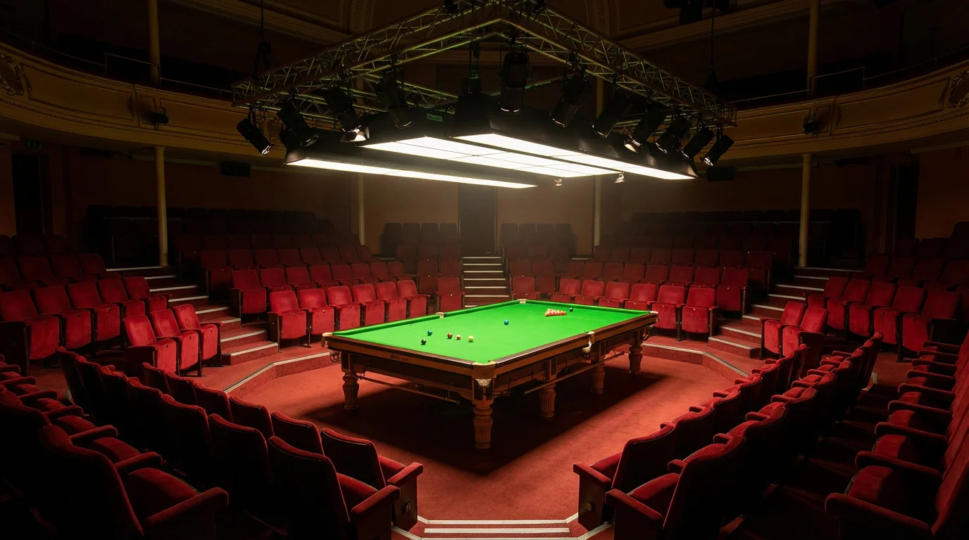 Intérieur du Crucible Theatre de Sheffield pendant un match de snooker avec éclairage dramatique sur la table
