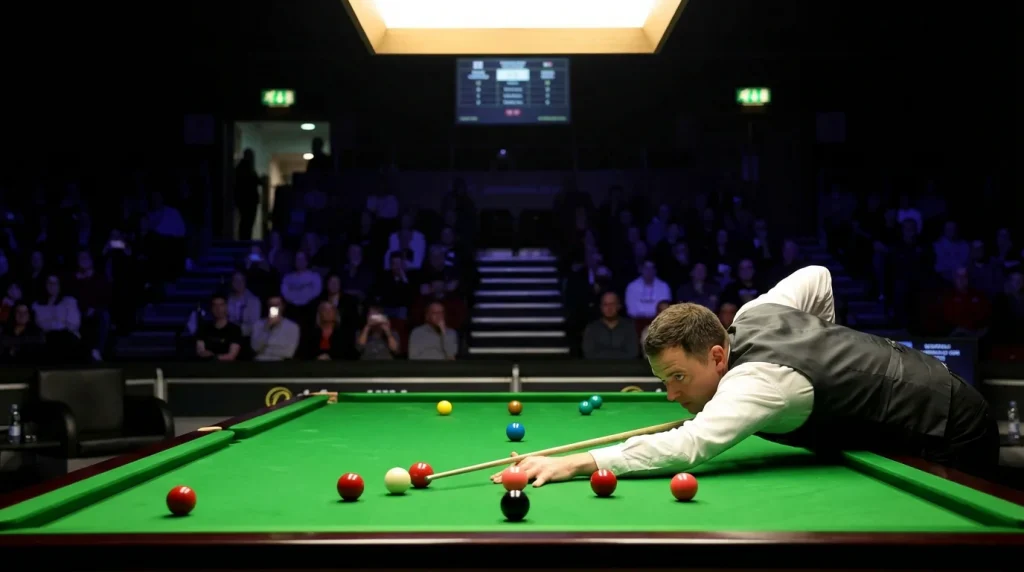 Joueur de snooker penché sur la table en position de tir lors d'un match professionnel