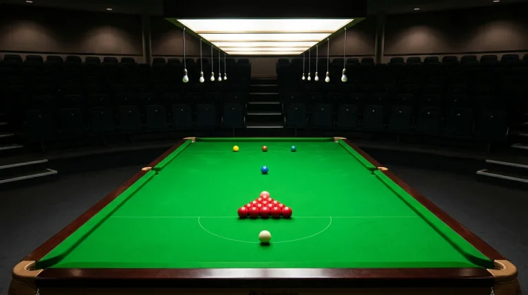 Vue plongeante d'une table de snooker complète avec les billes disposées pour le début du match