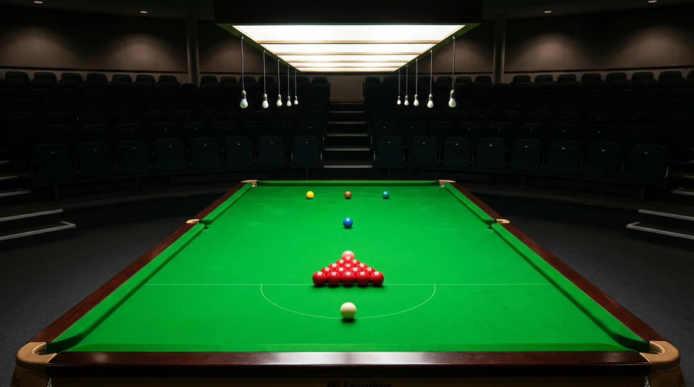 Vue plongeante d'une table de snooker complète avec les billes disposées pour le début du match