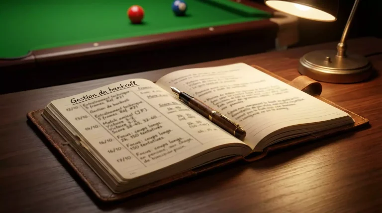 Carnet de notes ouvert avec un stylo posé sur une table à côté d'une table de snooker