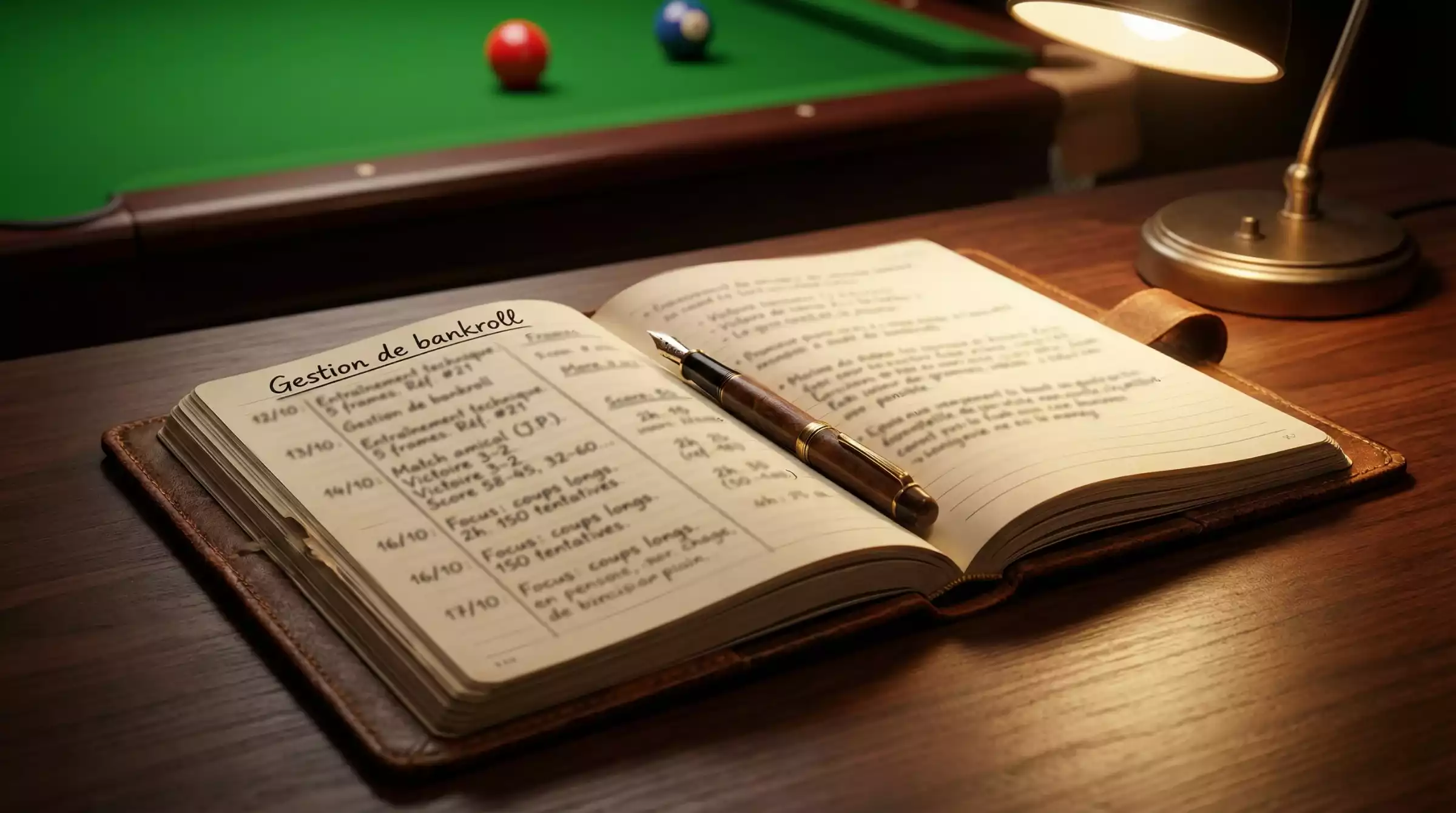 Carnet de notes ouvert avec un stylo posé sur une table à côté d'une table de snooker