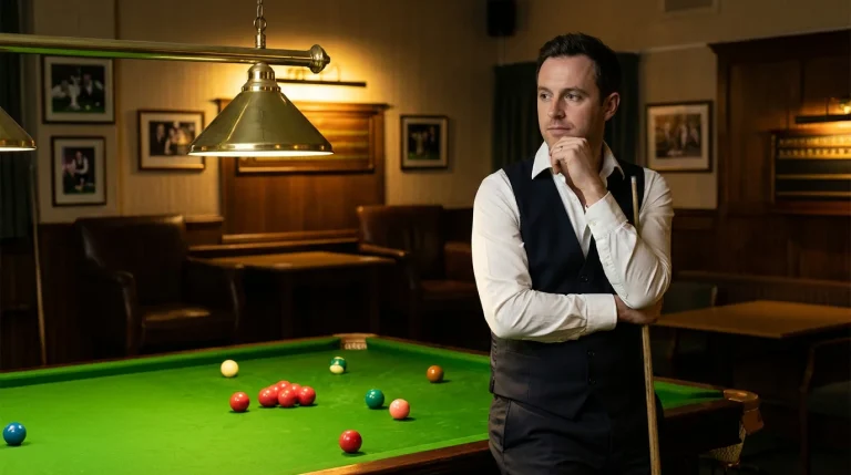 Joueur de snooker réfléchi appuyé sur sa queue dans une salle calme et tamisée
