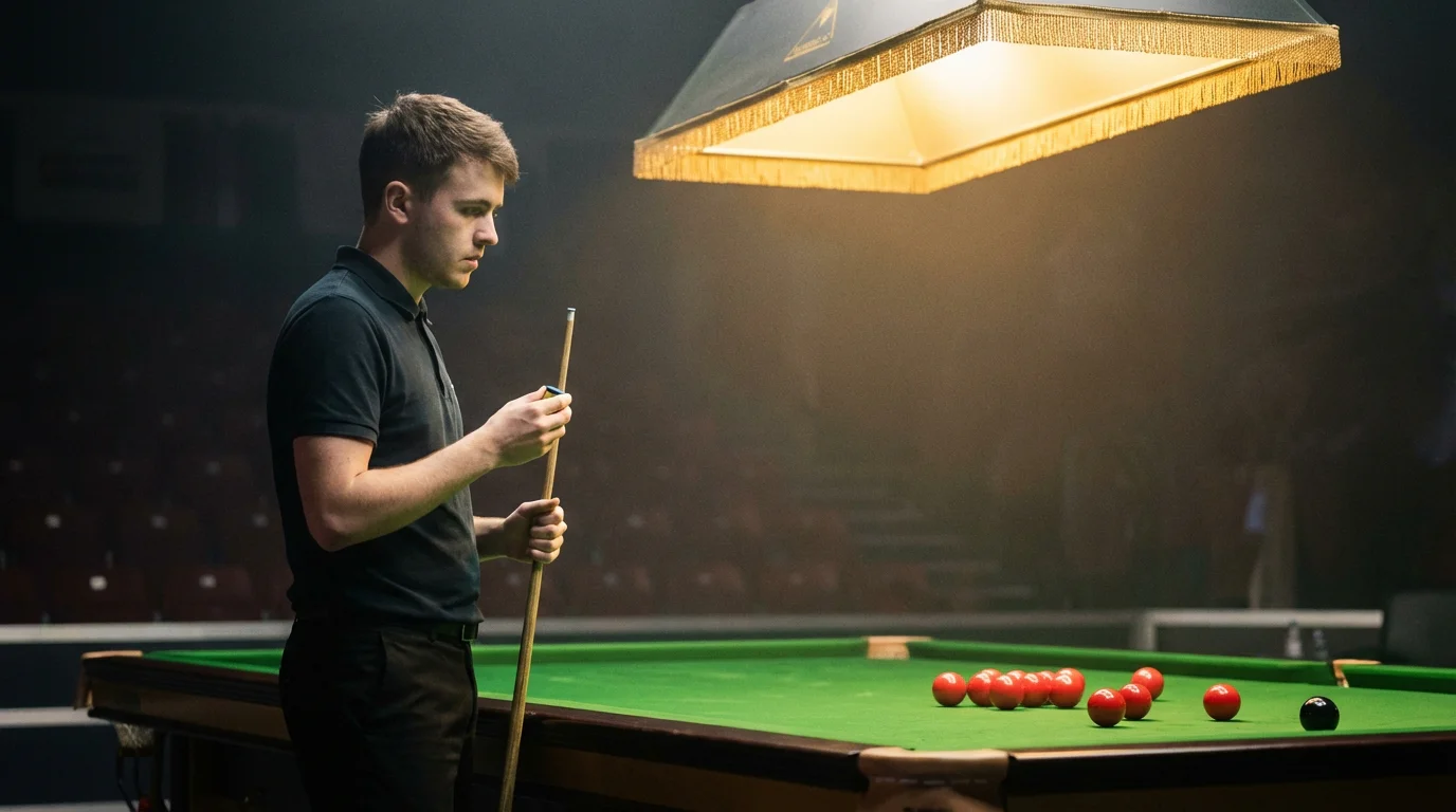 Jeune joueur de snooker concentré sur un break lors d'un tournoi professionnel