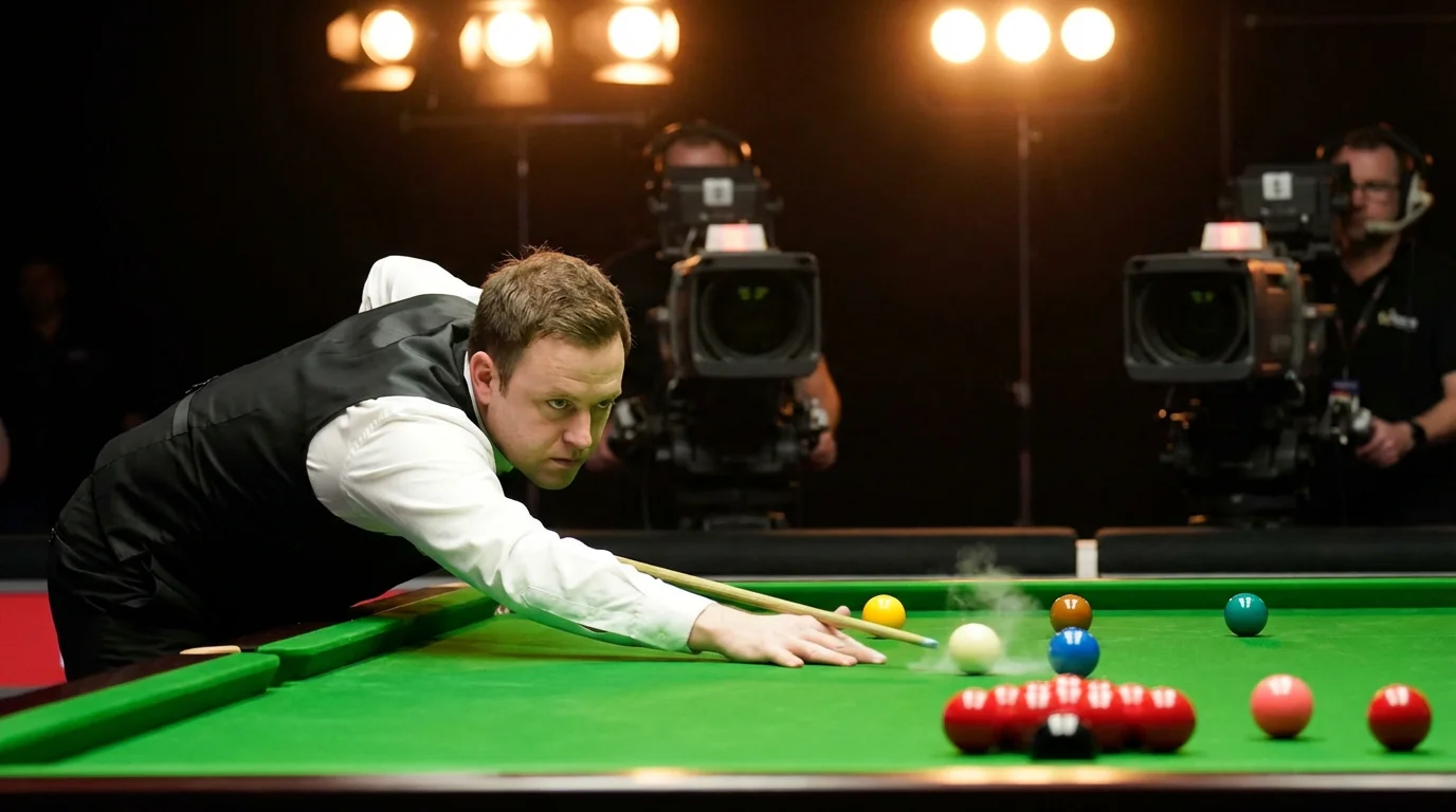 Joueur de snooker en pleine action sous les lumières d'un match télévisé en direct
