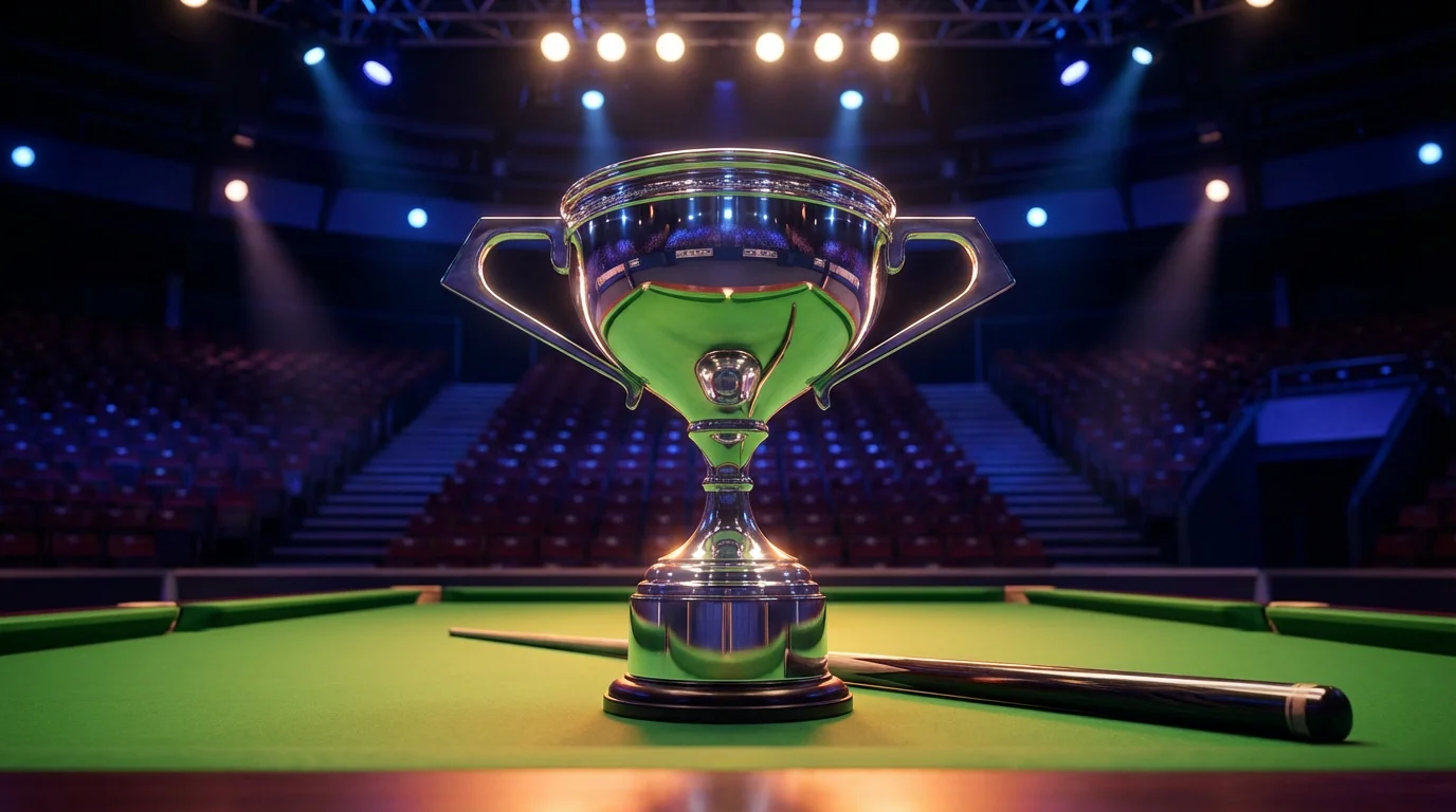 Trophée de snooker illuminé sous les projecteurs d'une salle de tournoi