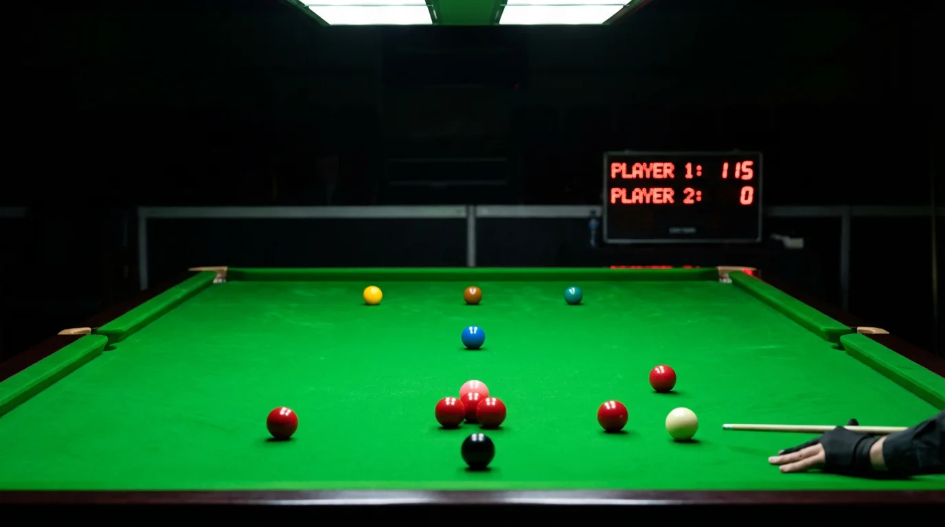 Scoreboard de snooker affichant un century break avec les billes de couleur sur la table