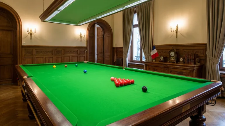 Table de snooker dans une salle officielle avec éclairage professionnel en France