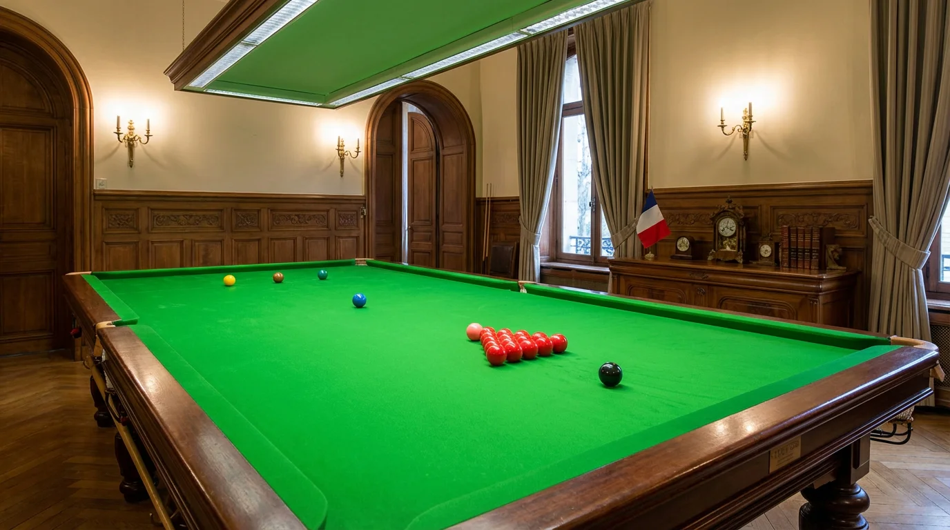 Table de snooker dans une salle officielle avec éclairage professionnel en France