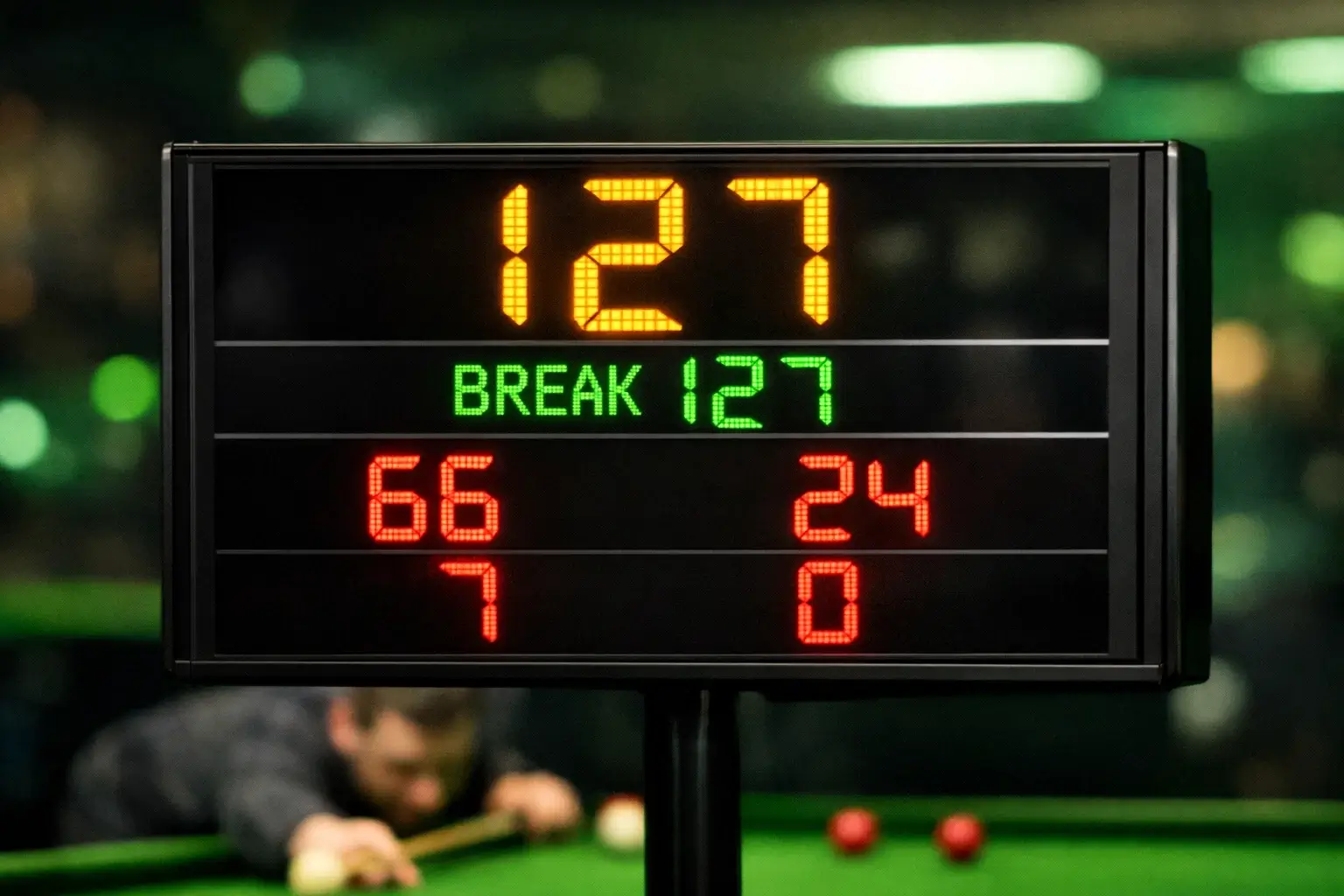 Tableau de score de snooker affichant un century break avec joueur en arrière-plan