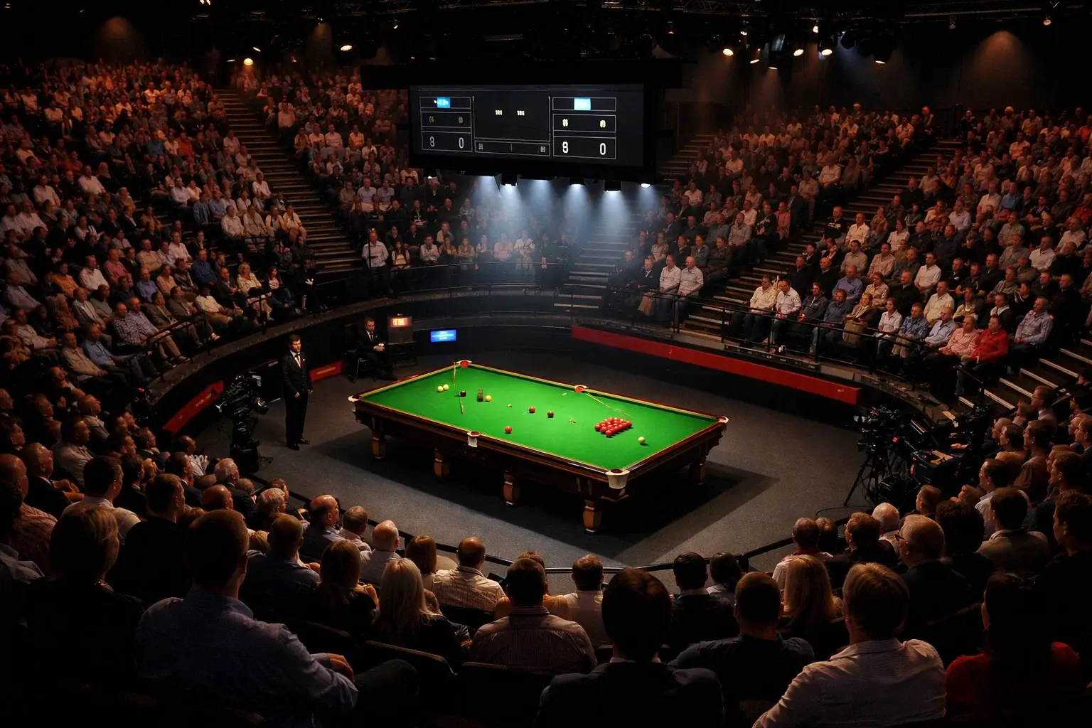 Intérieur du Crucible Theatre de Sheffield lors d'un match de snooker professionnel
