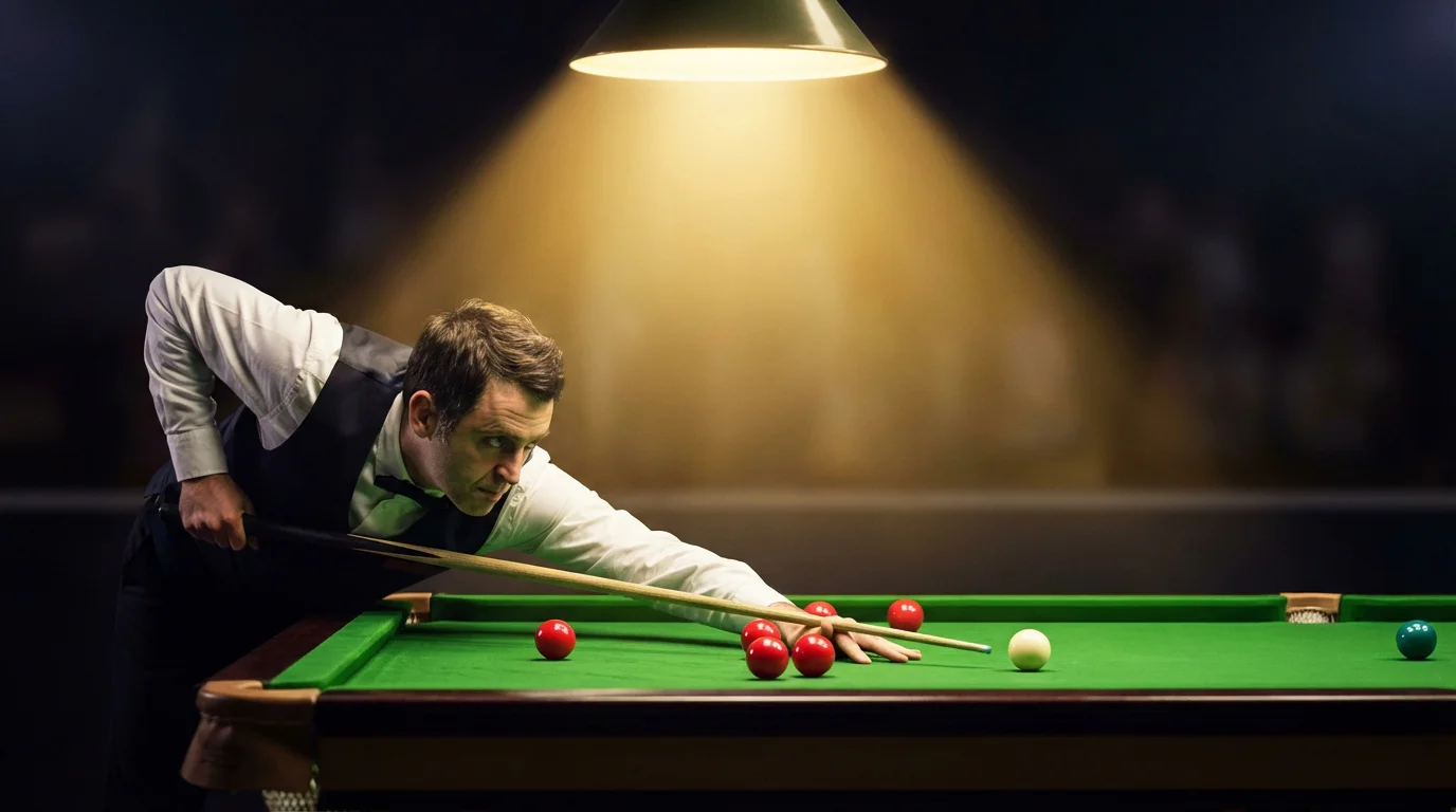 Joueur de snooker professionnel visant une bille sur le tapis vert sous les projecteurs