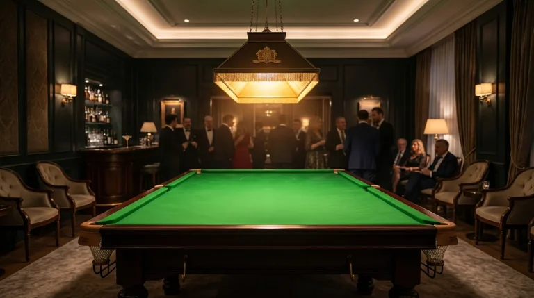 Salle de snooker prestigieuse avec table illuminée et public en arrière-plan lors d'un événement invitational