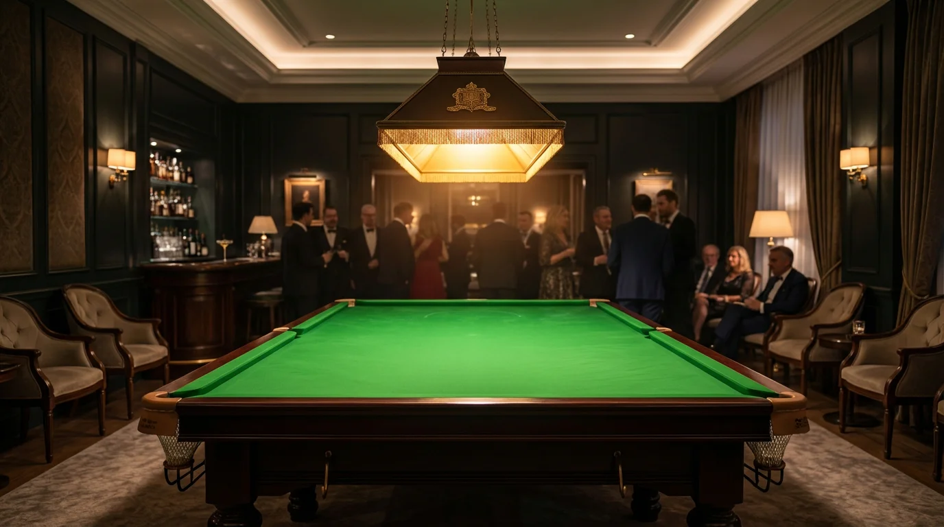 Salle de snooker prestigieuse avec table illuminée et public en arrière-plan lors d'un événement invitational